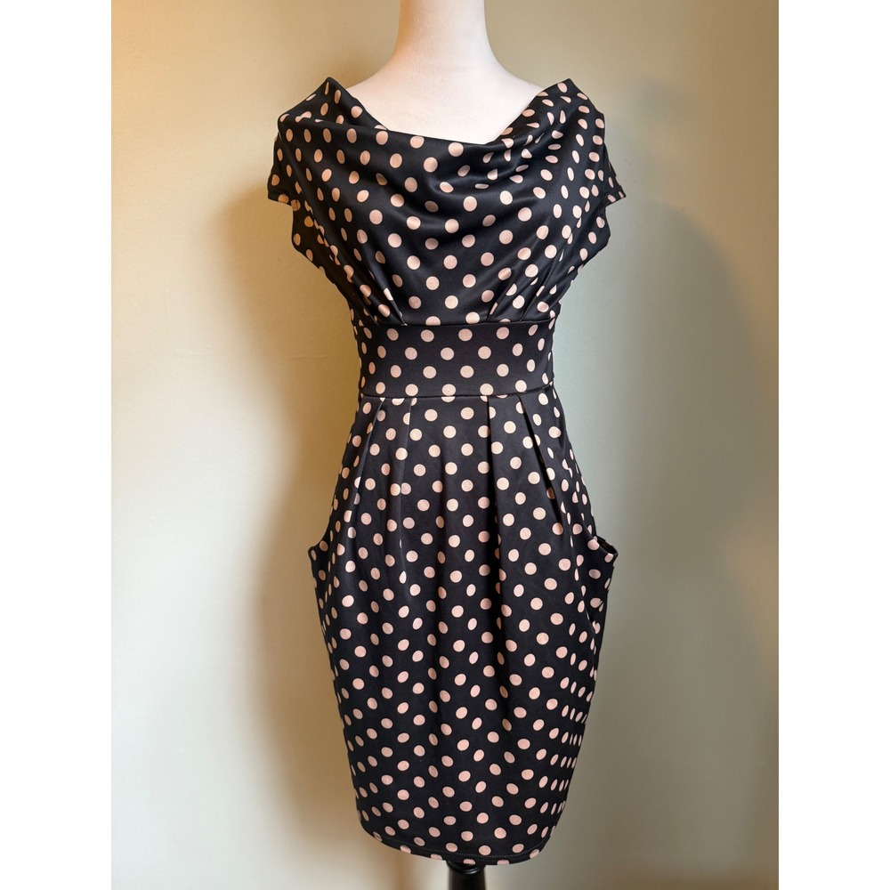 Pink Martini Black Beige Polka Dot Draped Neck Sheath Dress S retro whimsi Y2K